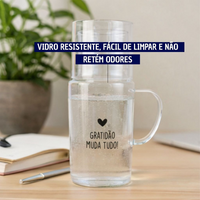 Moringa de água de Vidro com Copo e Frase Gratidão Muda Tudo