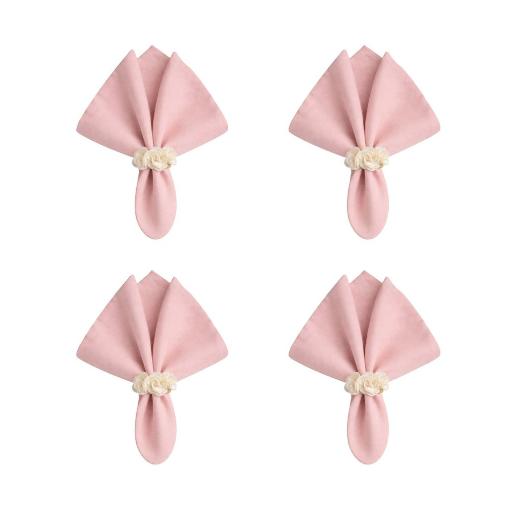 Kit com 4 Anel de Guardanapo + 4 Guardanapo  Oxford 3 Flores Brancas