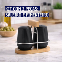 Jogo Saleiro e Pimenteiro de Cerâmica com suporte de Bambu Black