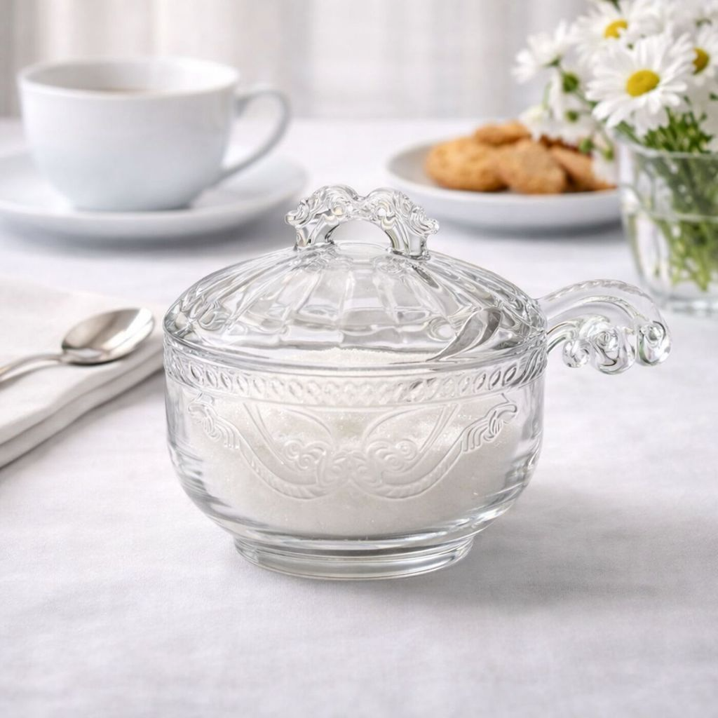 Açucareiro Imperial em Vidro Trabalhado com Tampa e Colher