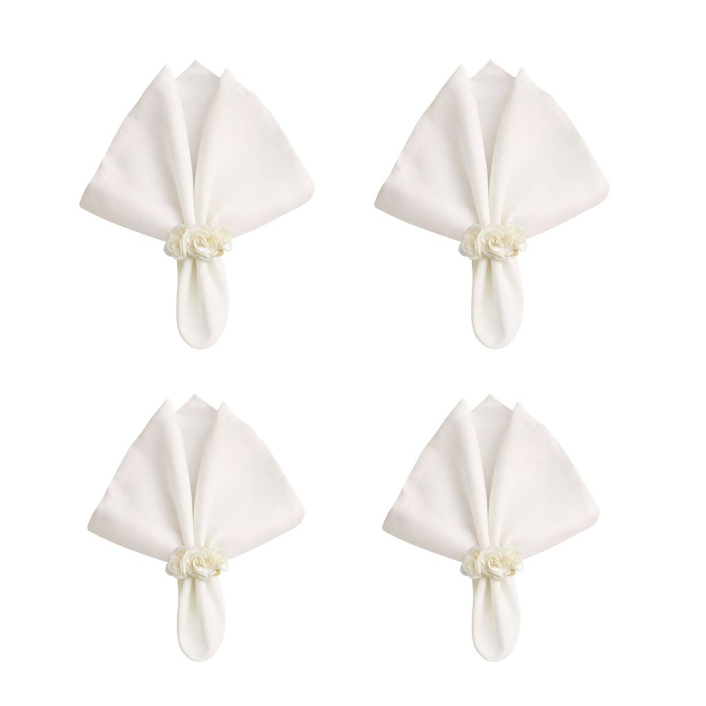 Kit com 4 Anel de Guardanapo + 4 Guardanapo  Oxford 3 Flores Brancas
