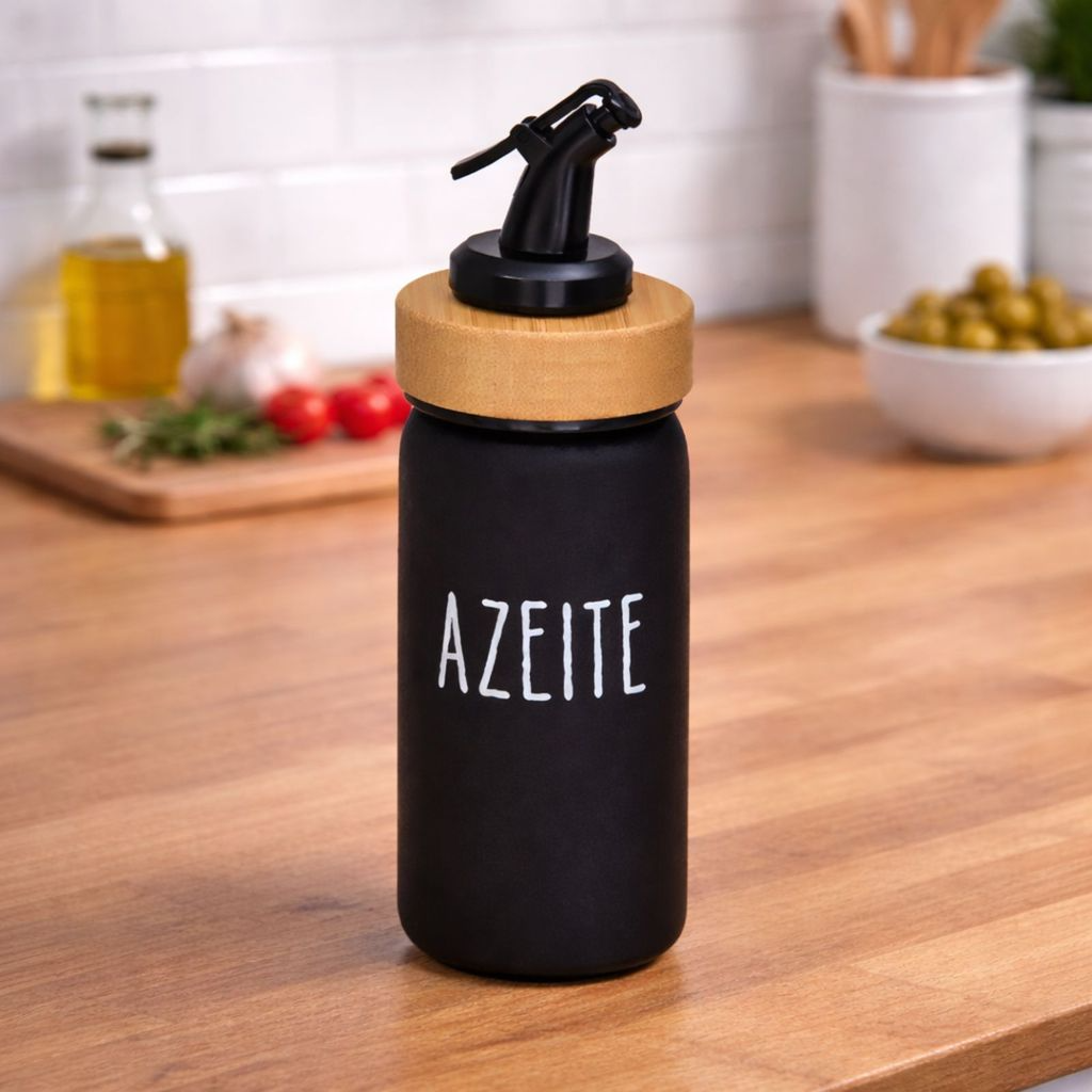 Azeiteiro Com Bico Dosador Minimalista de Vidro com Detalhe em Madeira