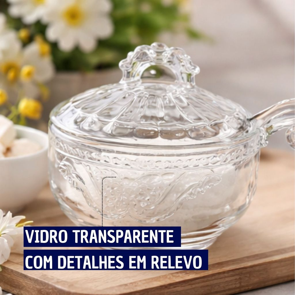 Açucareiro Imperial em Vidro Trabalhado com Tampa e Colher