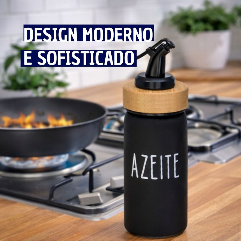 Azeiteiro Com Bico Dosador Minimalista de Vidro com Detalhe em Madeira
