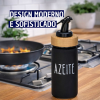 Azeiteiro Com Bico Dosador Minimalista de Vidro com Detalhe em Madeira