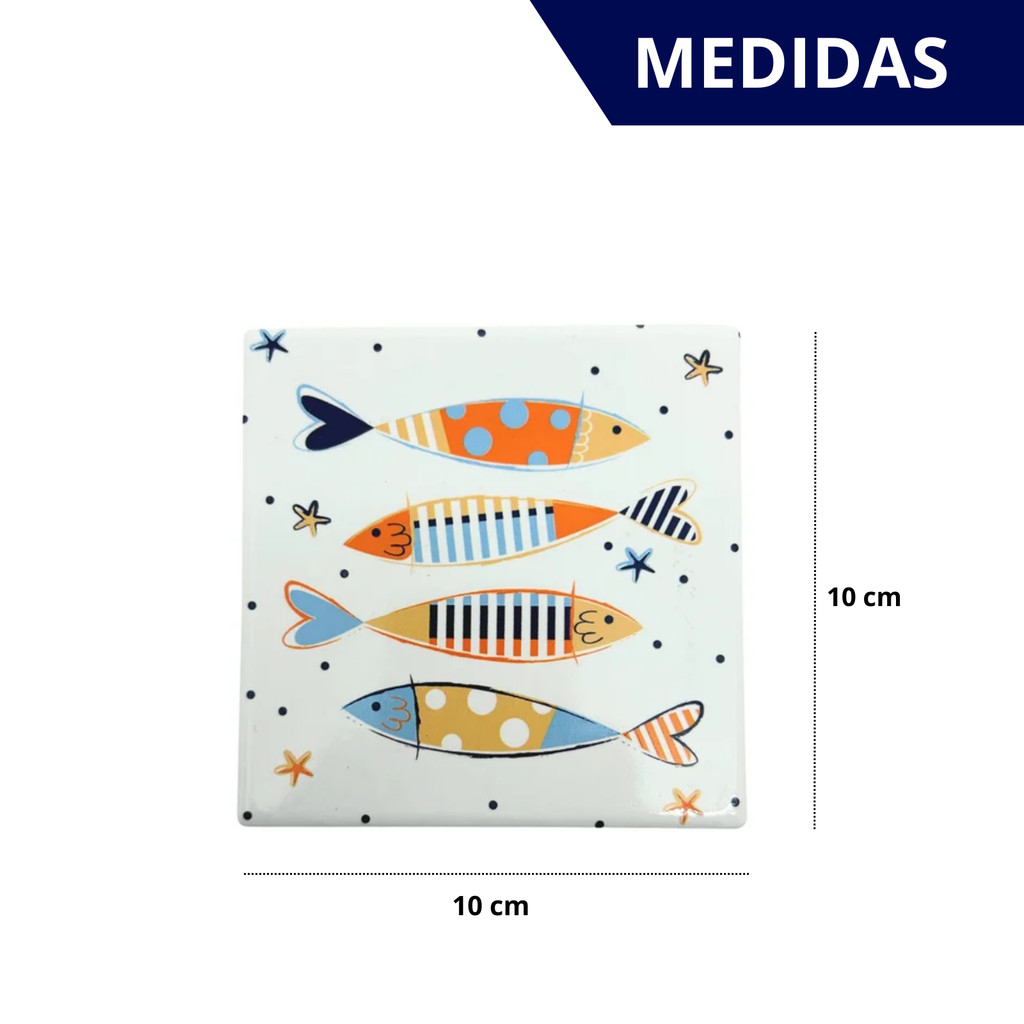 Kit com 4 Porta Copos Cerâmica Estampa de Peixe