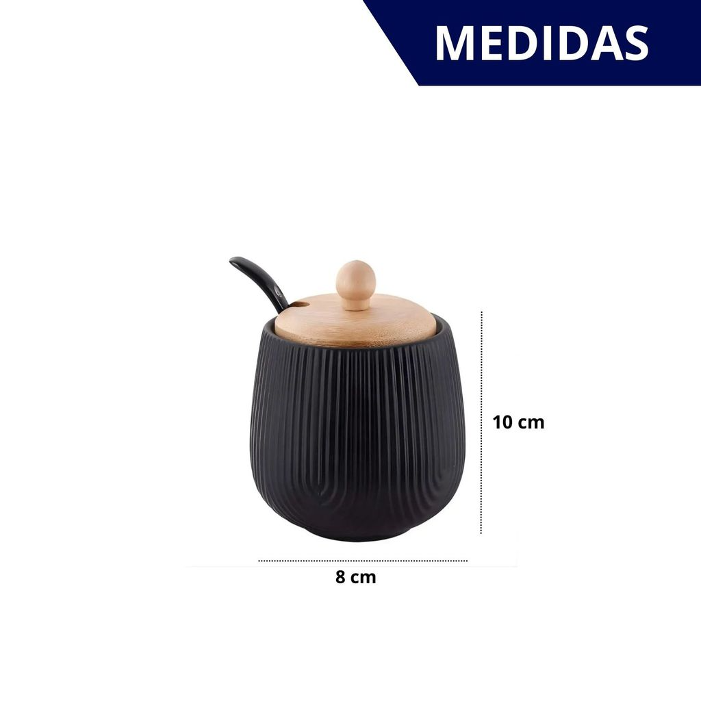 Açucareiro Premium em Cerâmica Com Tampa de Madeira e Colher