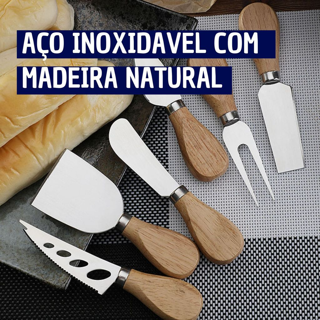 Kit 2 Facas Para Queijo e Pão em Aço Inox com Cabo de Madeira Natural