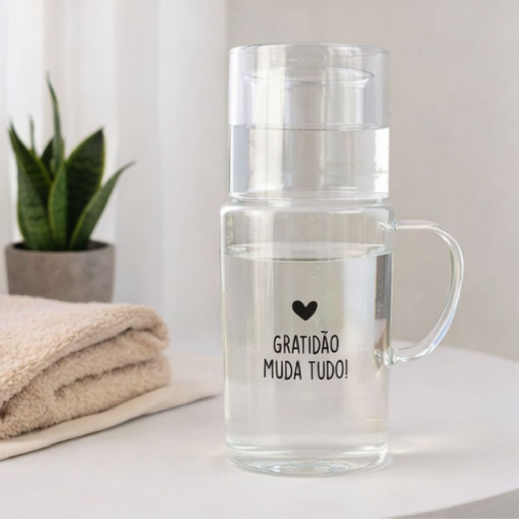 Moringa de água de Vidro com Copo e Frase Gratidão Muda Tudo