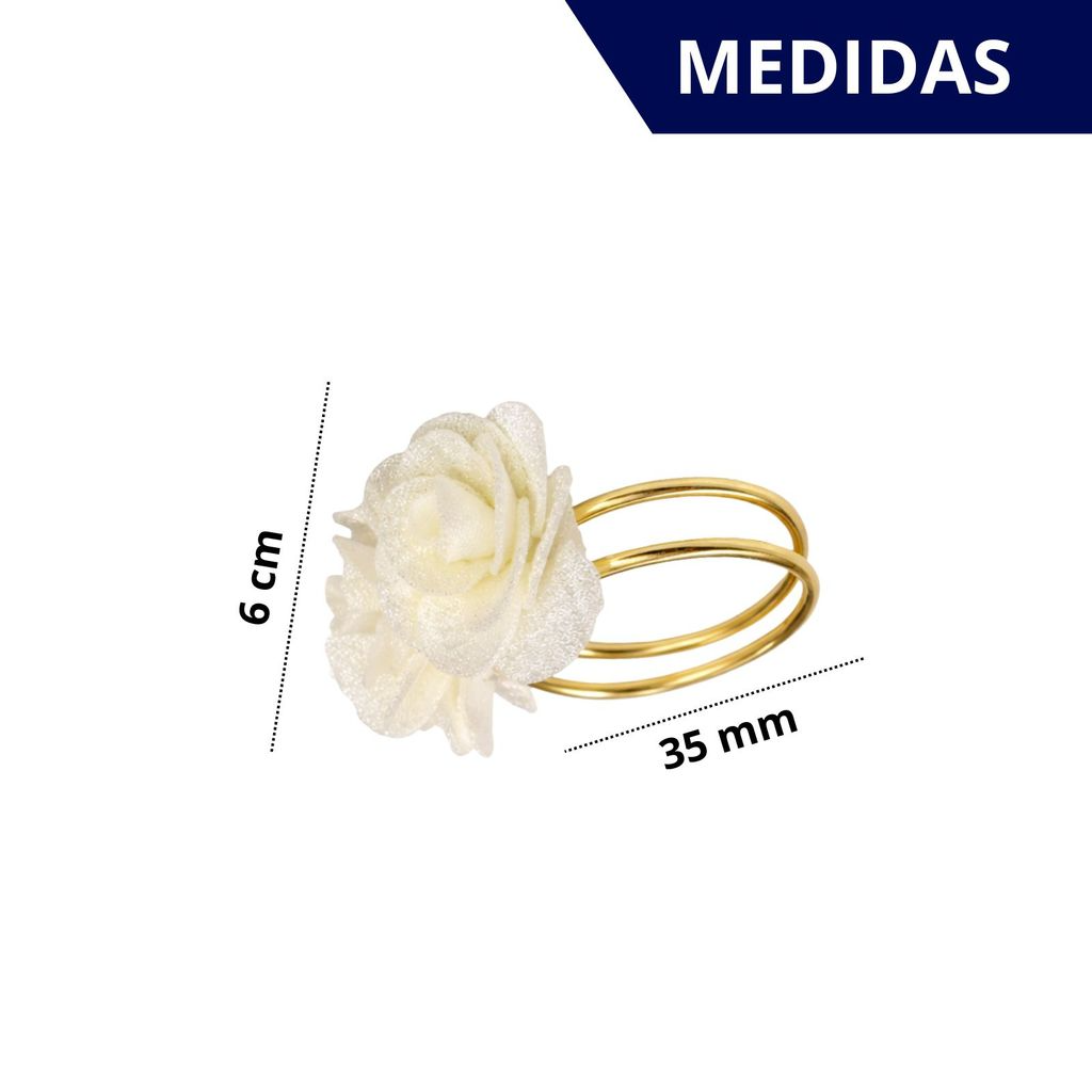 Kit com 4 Anel de Guardanapo + 4 Guardanapo  Oxford 3 Flores Brancas