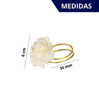 Kit com 4 Anel de Guardanapo + 4 Guardanapo  Oxford 3 Flores Brancas