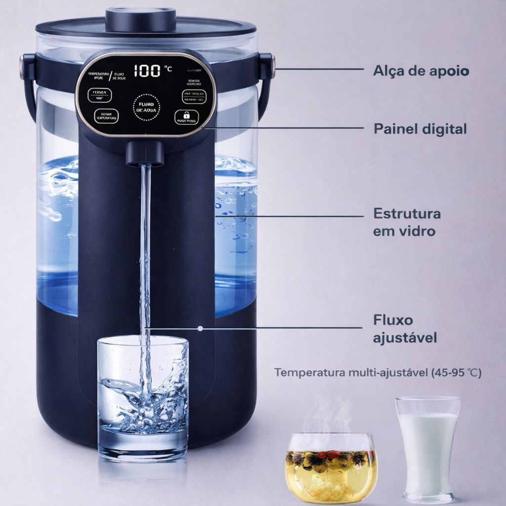 Chaleira Eletrica de Vidro 2,5L Esquenta até 100 graus Com Painel Digital 110v