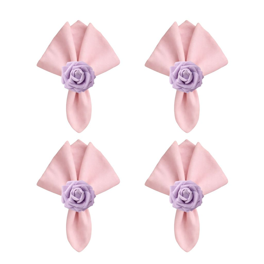 Kit com 4 Anel de Guardanapo + 4 Guardanapo  Oxford Flor Rosa Lilás
