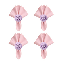 Kit com 4 Anel de Guardanapo + 4 Guardanapo  Oxford Flor Rosa Lilás