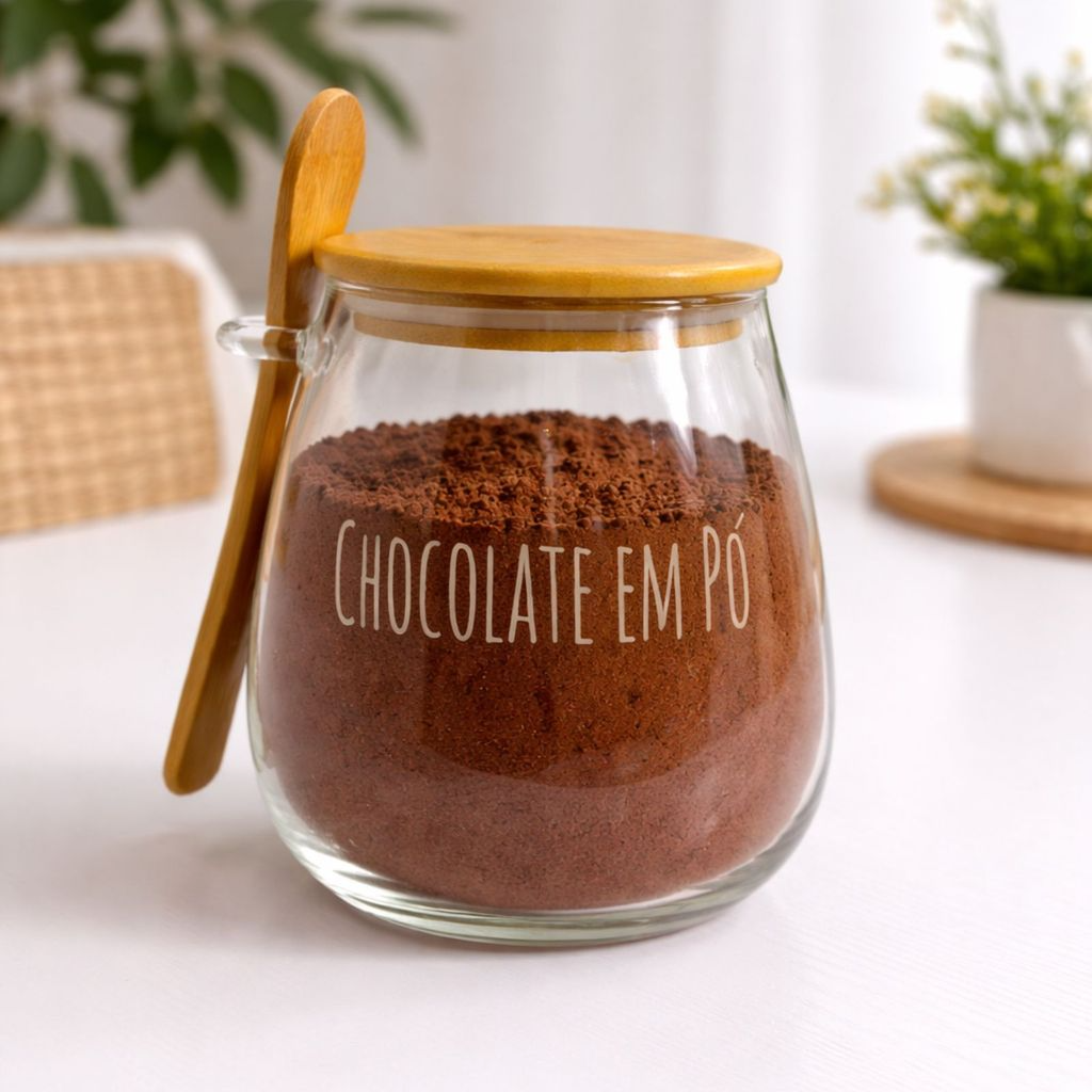 Pote Hermético de Vidro com Tampa de Bambu e Colher Com Escrita Grande 1Litro