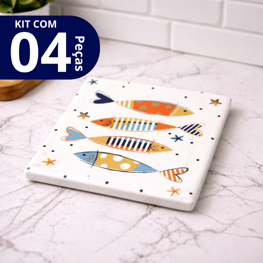 Kit com 4 Porta Copos Cerâmica Estampa de Peixe