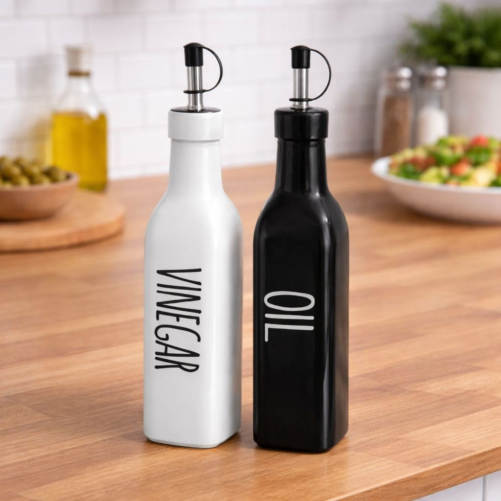 Kit Vinagre e Azeite Minimalista Preto e Branco Com Dosador em Aço 300ml