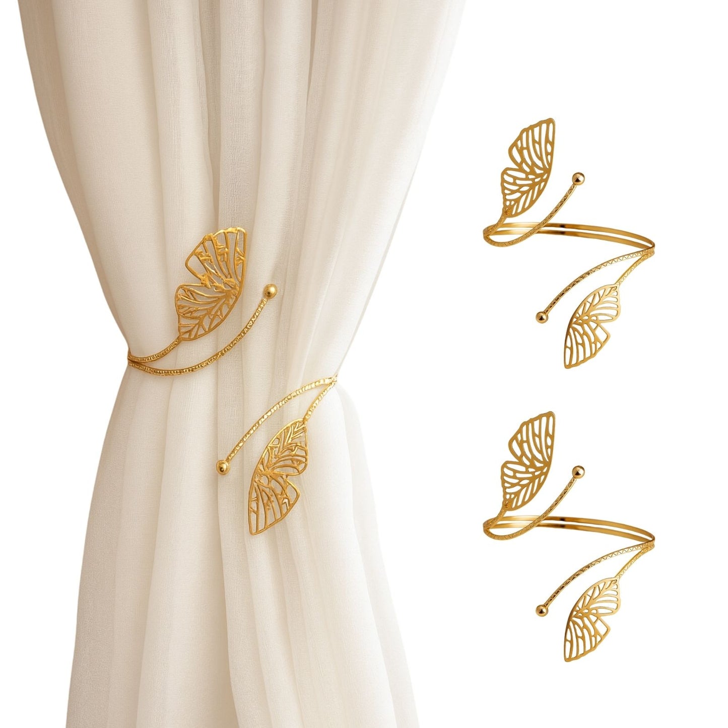 Kit 02 Prendedores de cortina Luxo Asas de Borboleta Dourada Aro Recartilhado