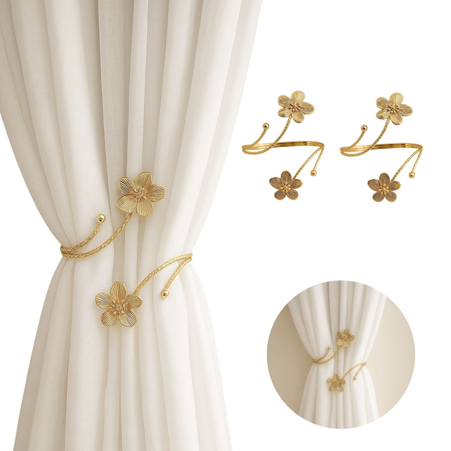 Kit 02 Prendedores de cortina Flores em Aço