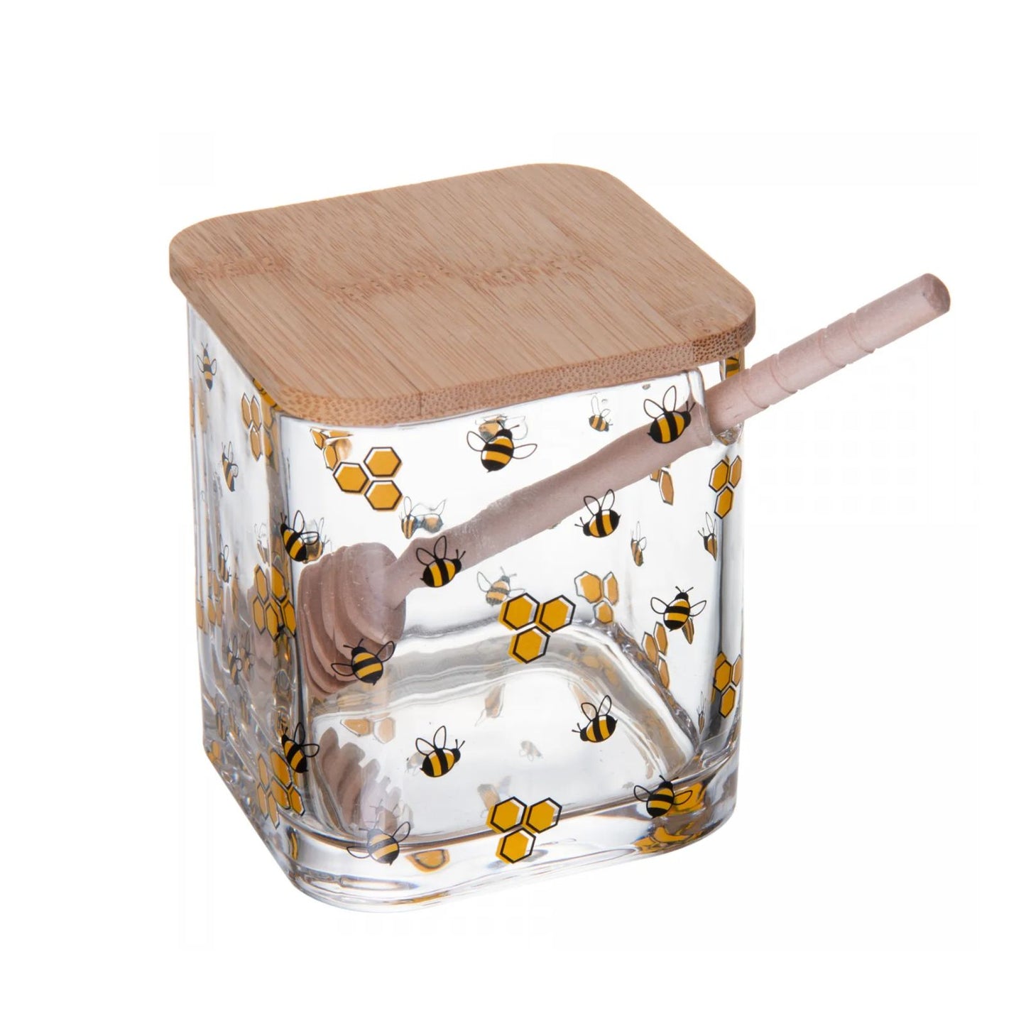 Meleira Abelhas com Tampa de Bambu e Colher de Madeira 9,5x8x8cm